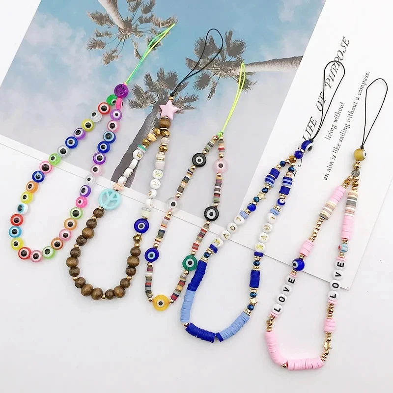 Bohemian Butterfly Soft Pottery Phone Chain Lanyard DIY Letters LOVE Pearl Beaded Phone Case Rope Charm Biżuteria Akcesoria 2023