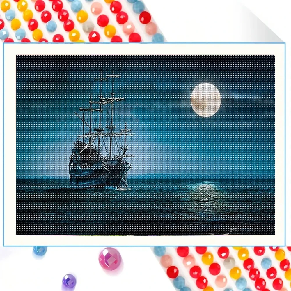 Juego de pintura de diamante DIY, mosaico de diamantes redondo completo con patrón de velero iluminado por la luna, regalo de decoración de pared del hogar