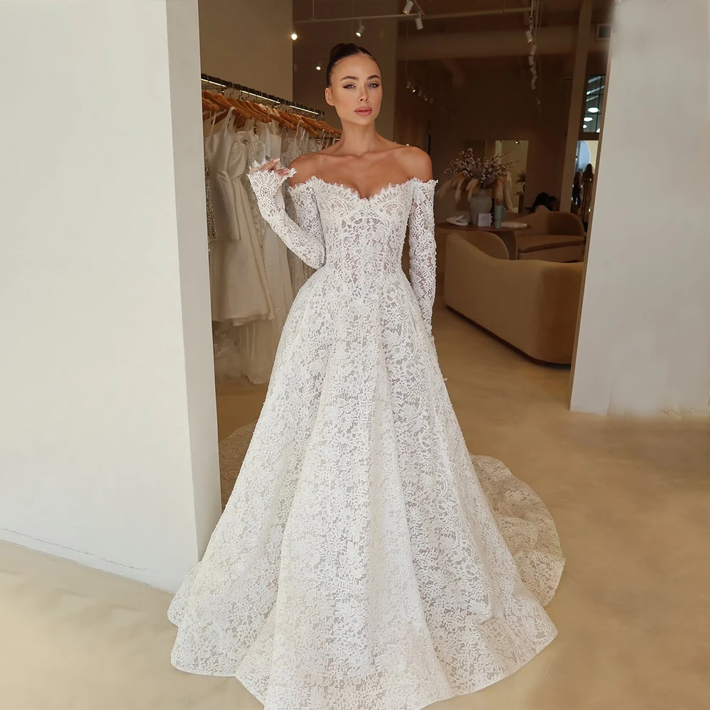 

Lace Weddings Dresses Off Shoulder Long Sleeves A Line Bride Dress Strapless Long Train Princess Church Bridal Gown Customized