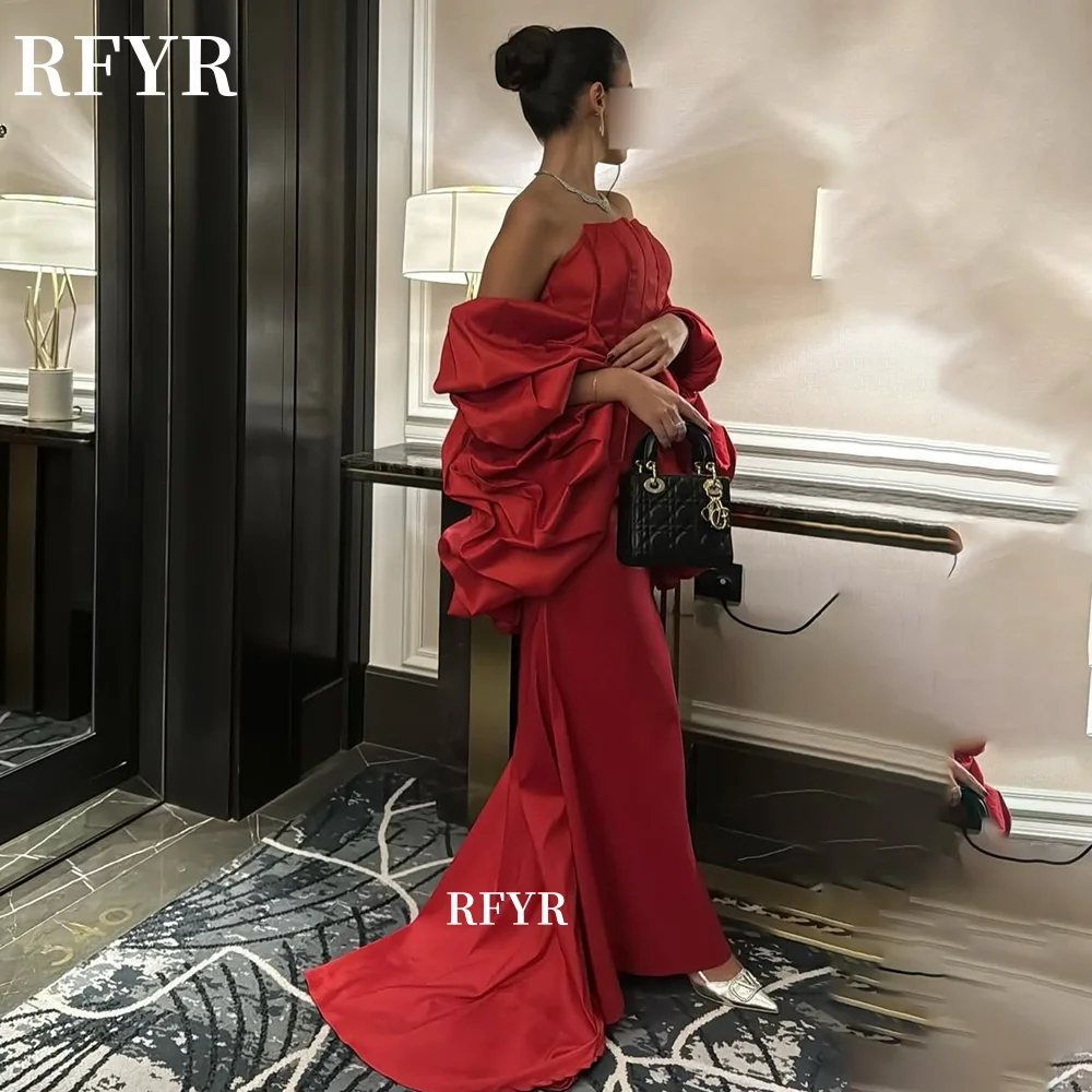 

RFYR Red Evening Dress Pop Sleeve Prom Dress with Pleats Celebrity Gala Dress for Princess Robe De Soiré Customized