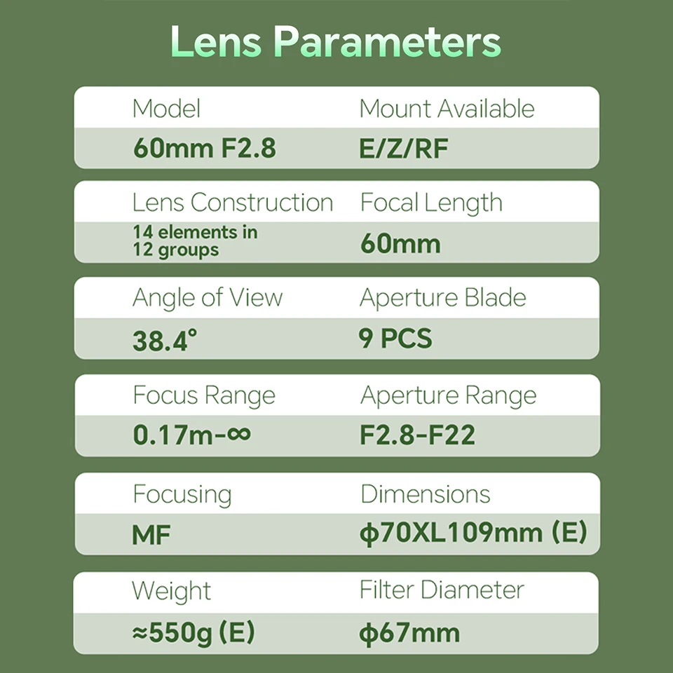 Lente Macro de fotograma completo de 7artisans MF 60mm F2.8 Macro 2x lente para fotografía Macro con Sony A7III Nikon Z50 Canon R5