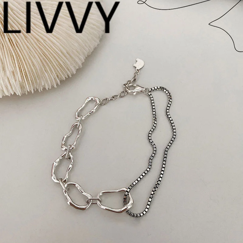 

LIVVY Silver Color Korean Geometric Irregular Chain Bracelet Woman Simple Unique Design Retro Temperament Jewelry Gifts