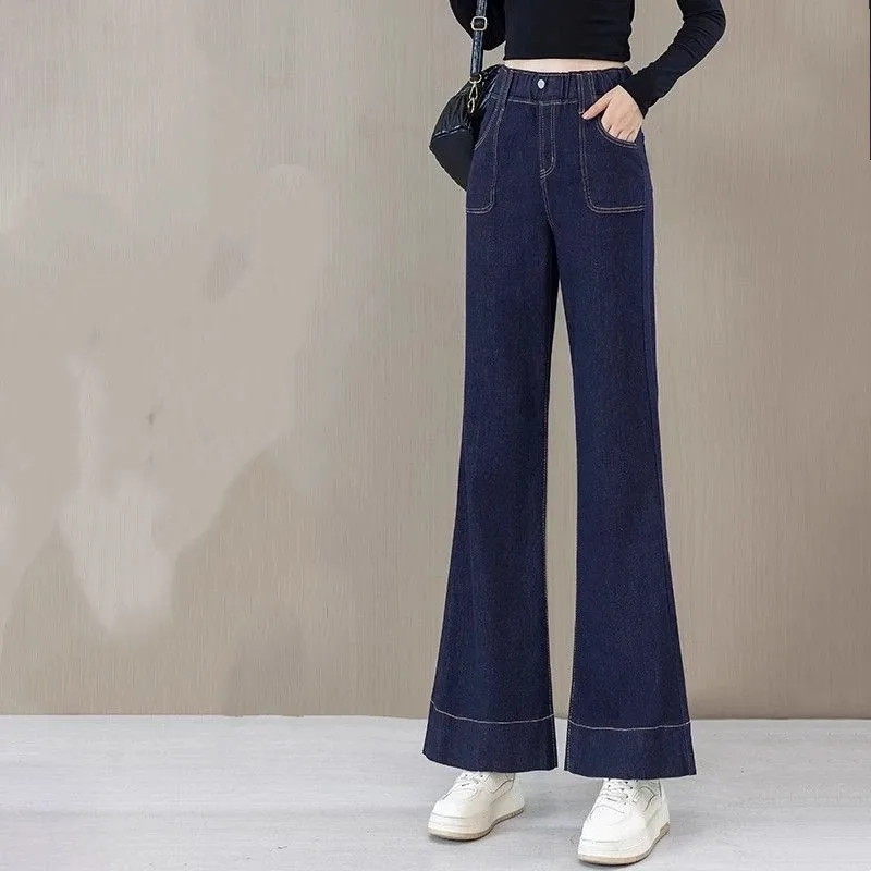

Новые весенне-осенние джинсовые джинсы для женщин с эластичной резинкой на талии, свободные расклешенные широкие брюки для женщин