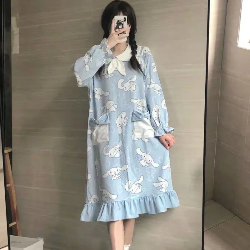 Japanese Sanrio Blue Nightdress Spring Women Nightwear Kawaii Cartoon Sweet Blue Cinnamoroll Sleepwear Long Sleeve Nightgowns