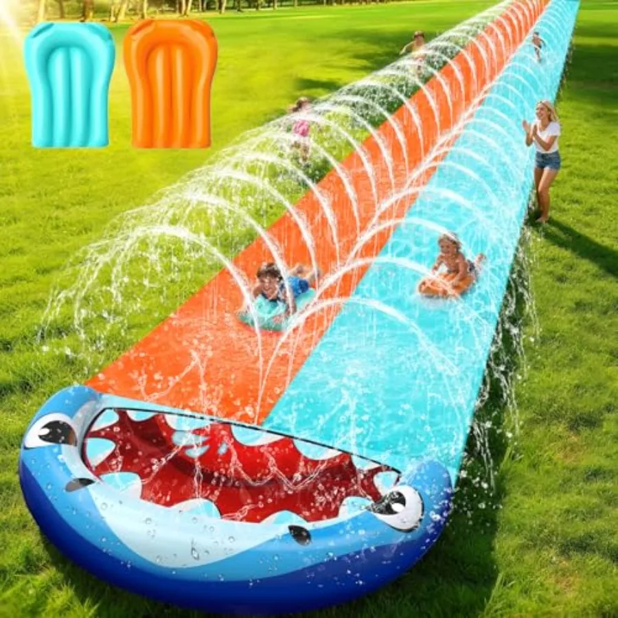 

50FT Extra Long Slip Lawn Water Slide for Adults XXXL Giant Heavy Duty Outdoor Racing Slide Toy with Sprinkler N 2 Inflatable B