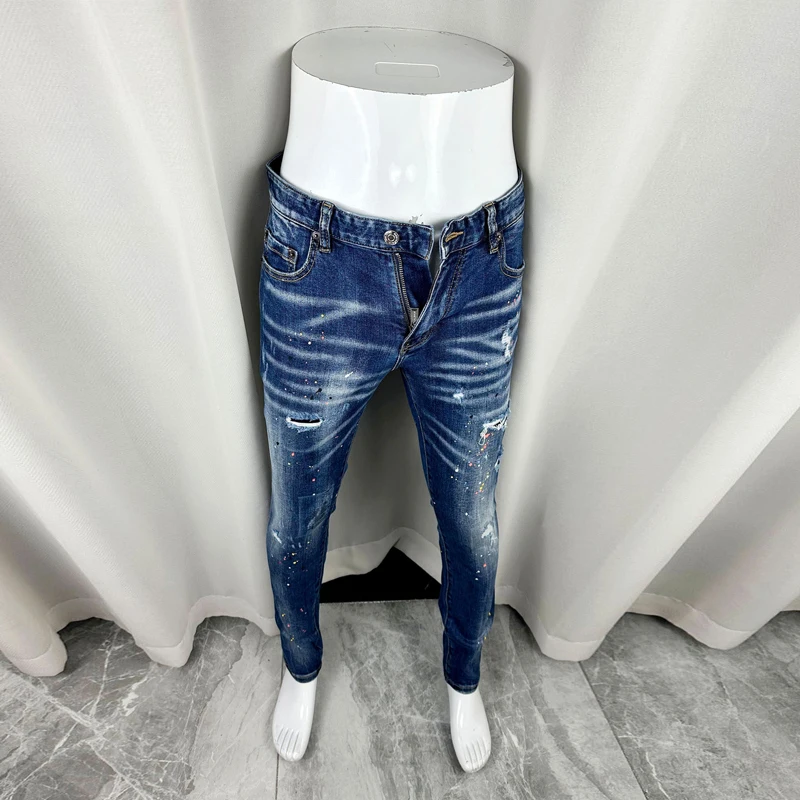 Designer fashion new men's jeans painted retro elastic slim fit, perforated patch washed blue jeans, high street hip-hop brand p