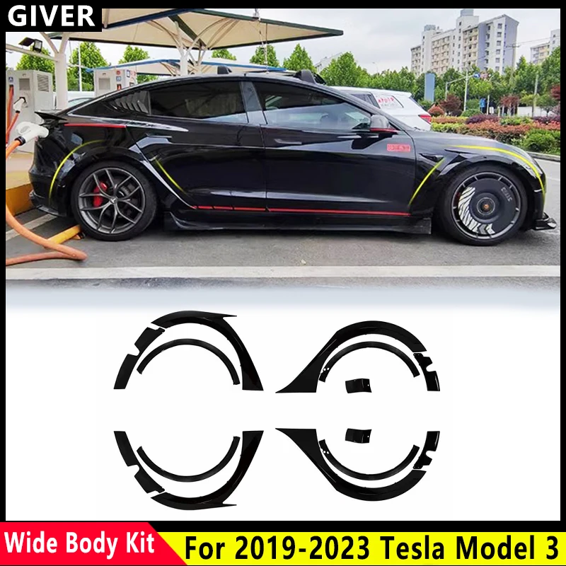 For 2019-2023Tesla Model 3 Wide Body Kit ABSCarbon pattern and glossy blackMudguard Exterior Trim CoverSpoiler Wheel Accessories