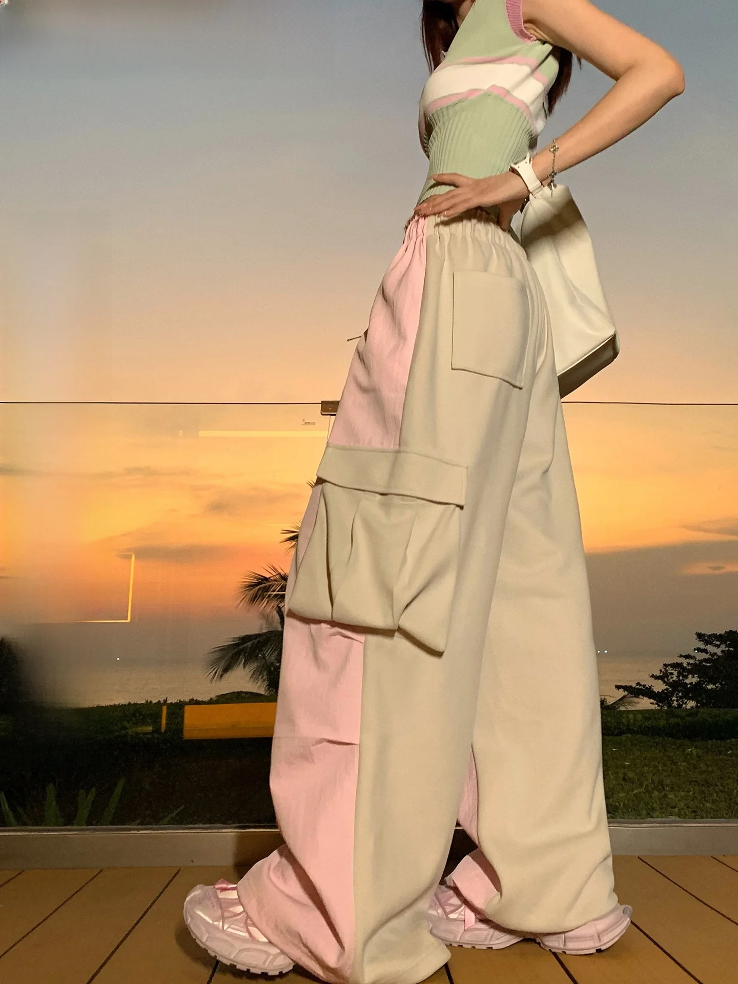 

Lililiwj Casual Trousers Women's American Style Multi-Pocket Ab Face Color Block Design Elastic Waist Wide Leg Trousers