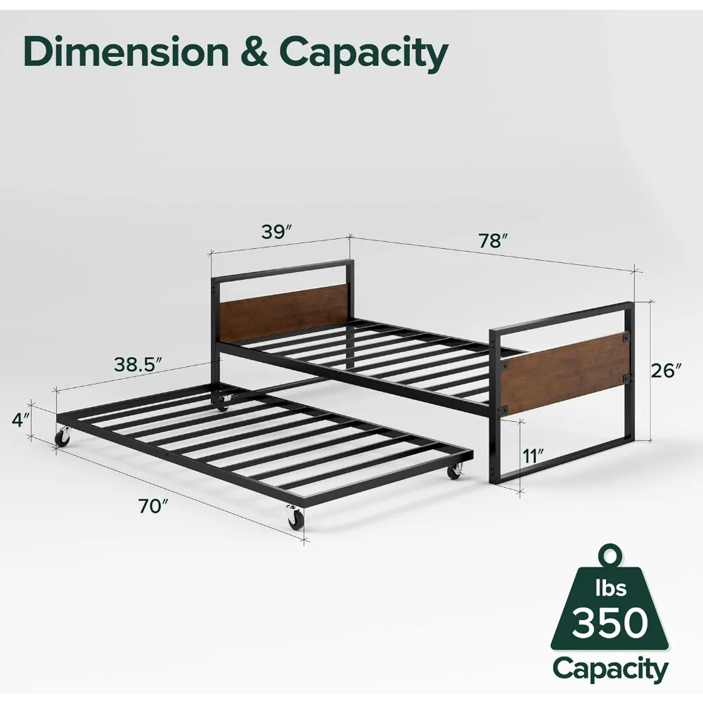 Suzanne Bamboo and Metal Daybed with Trundle / Mattress Foundation with Steel Slat Support / Easy Assembly, Twin