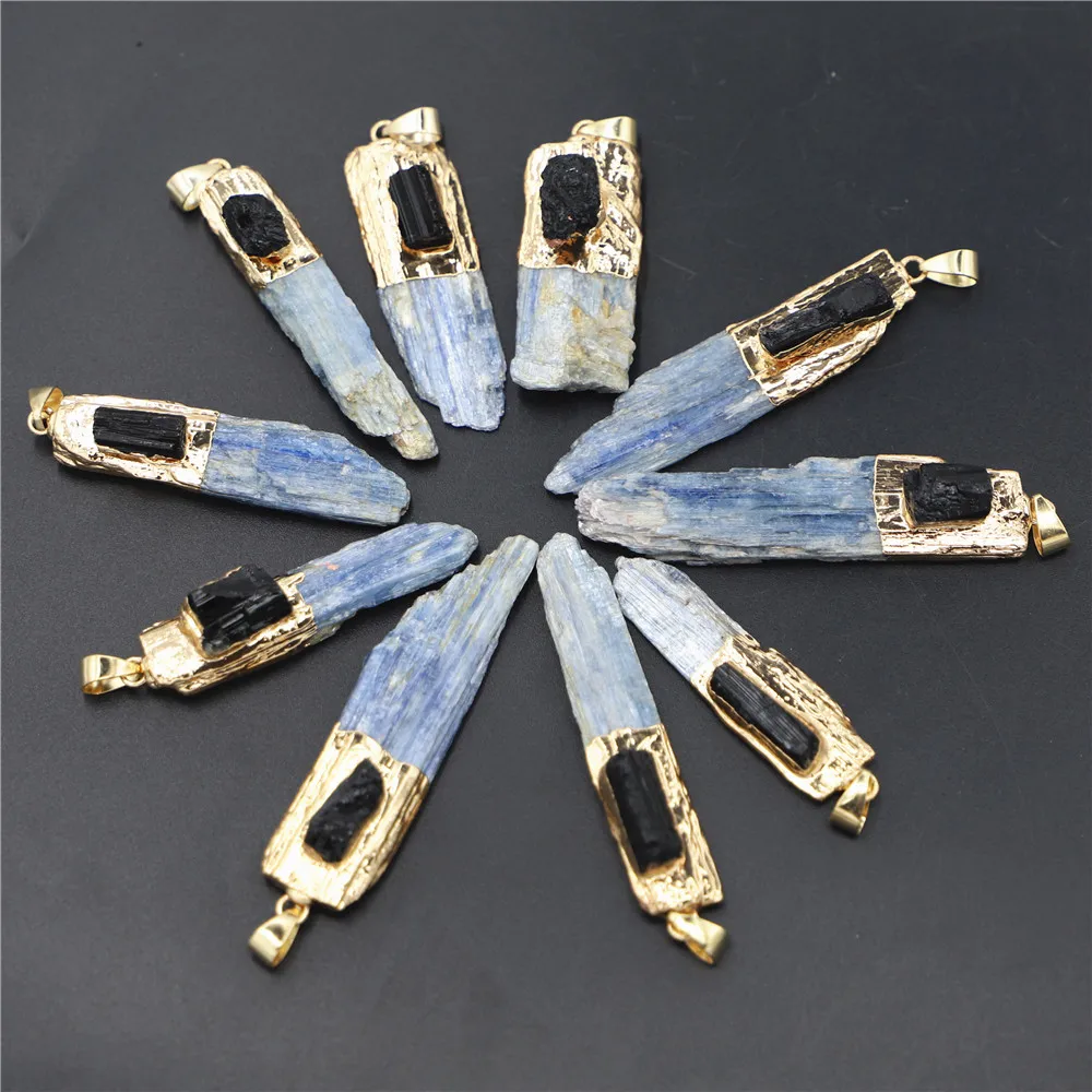 

New 10PCS Natural Stone Raw Black Tourmaline Blue Kyanite Pendant Charm Jewelry Plating Gold Side Nugget Necklace DIY Findings