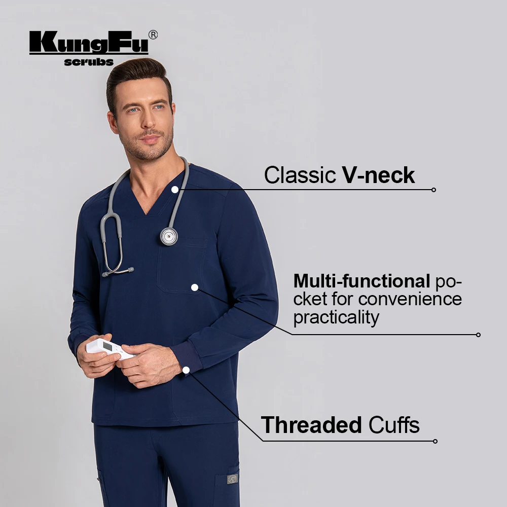 KUNGFU SCRUBS الرجال الدعك التمريضية بأكمام طويلة أعلى الطبية غير الرسمية مع ثوب جراحي مضاد للماء للرجال