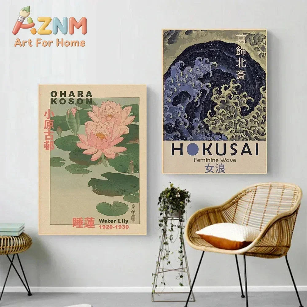AZNM Japanese Ukiyo-e Canvas Wall Art, Vintage Koi Lotus Waterfall Figure Print, Decor for Tea Room, Bedroom and Oriental Space