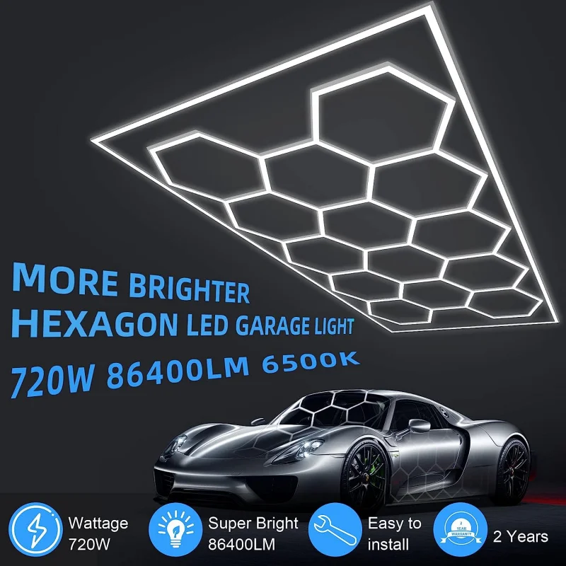 MODERN Hexagon Garage Light:Higher Brightness 720W86400Lumens Hexagon Led Garage Light with Rectangle Frame 6500Kfor Garage etc.