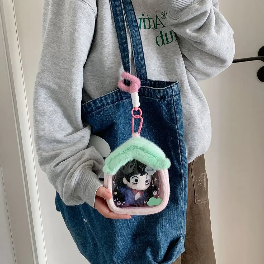 Urocza torba na lalki w kształcie domku z kreskówki, przezroczysta, przenośna, pudełko ekspozycyjne na lalki, zawieszka do plecaka, pyłoszczelna torba do przechowywania kabli do transmisji danych.