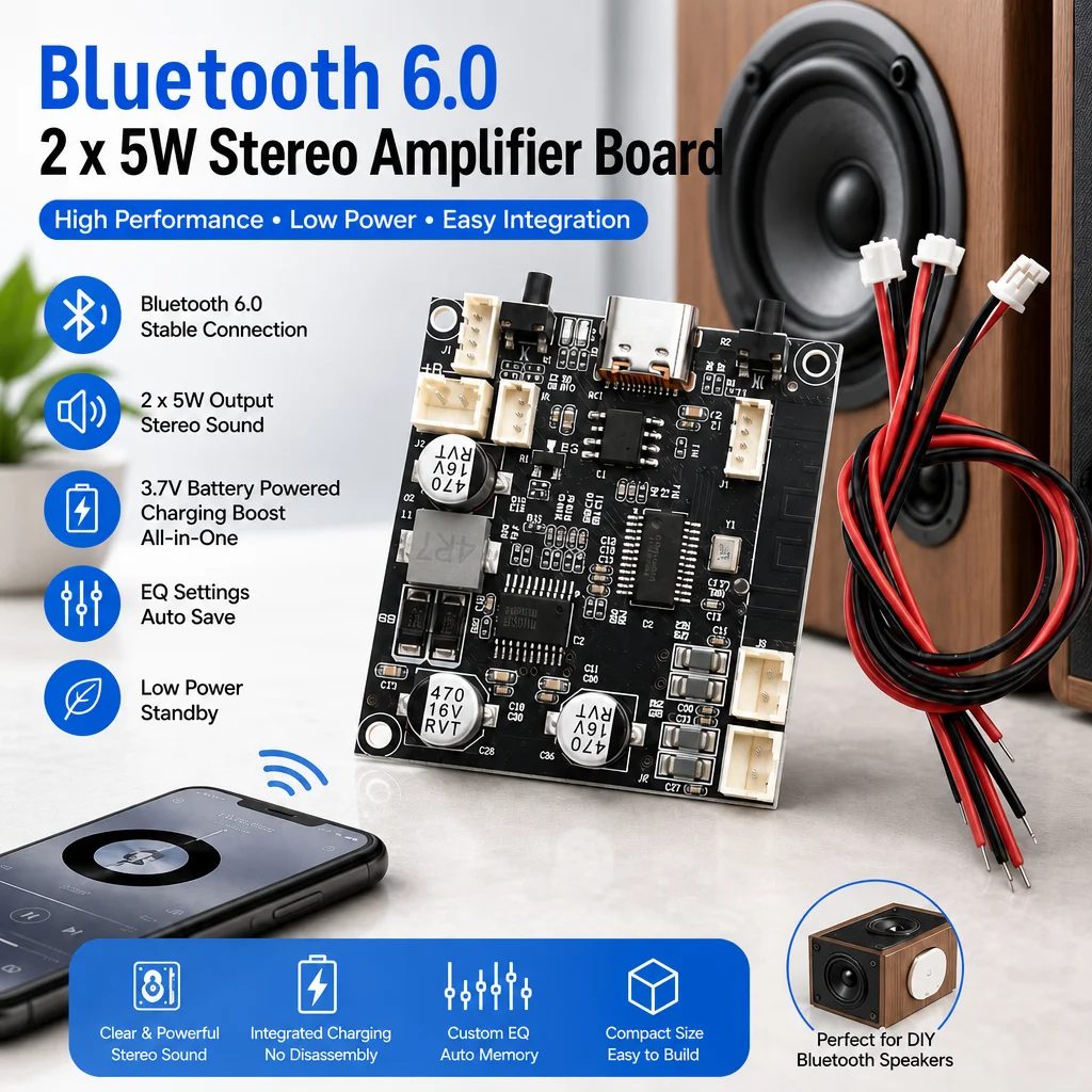 3.7V Bluetooth 6.0 Audio Amplifier Module 2*5W Dual Channel Low Power Bass Boost Stereo Amp Type-C for Portable Speaker modify