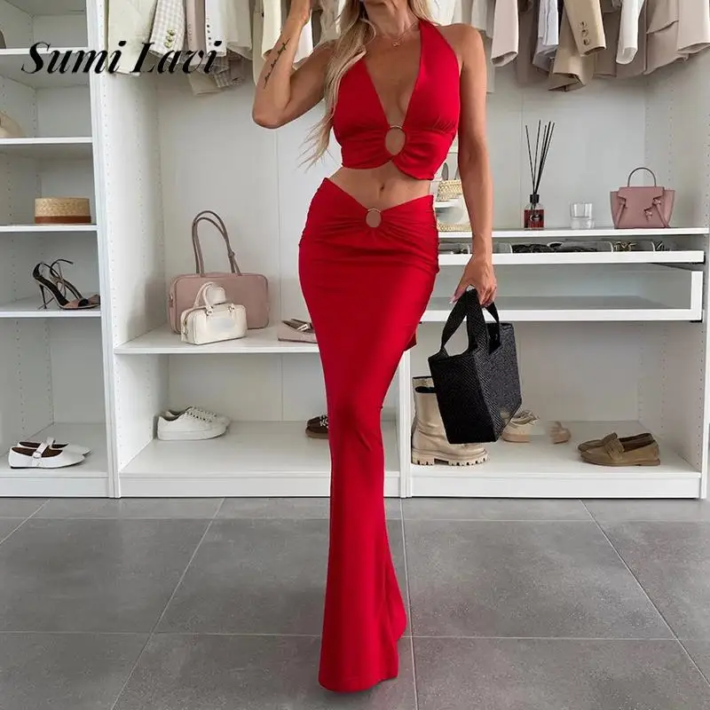 

Sexy V-neck Halter Tie-up Top & Long Skirt Sets Women Elegant Circled Button Solid Outfits Casual Sleeveless Skinny 2Pc Outfits