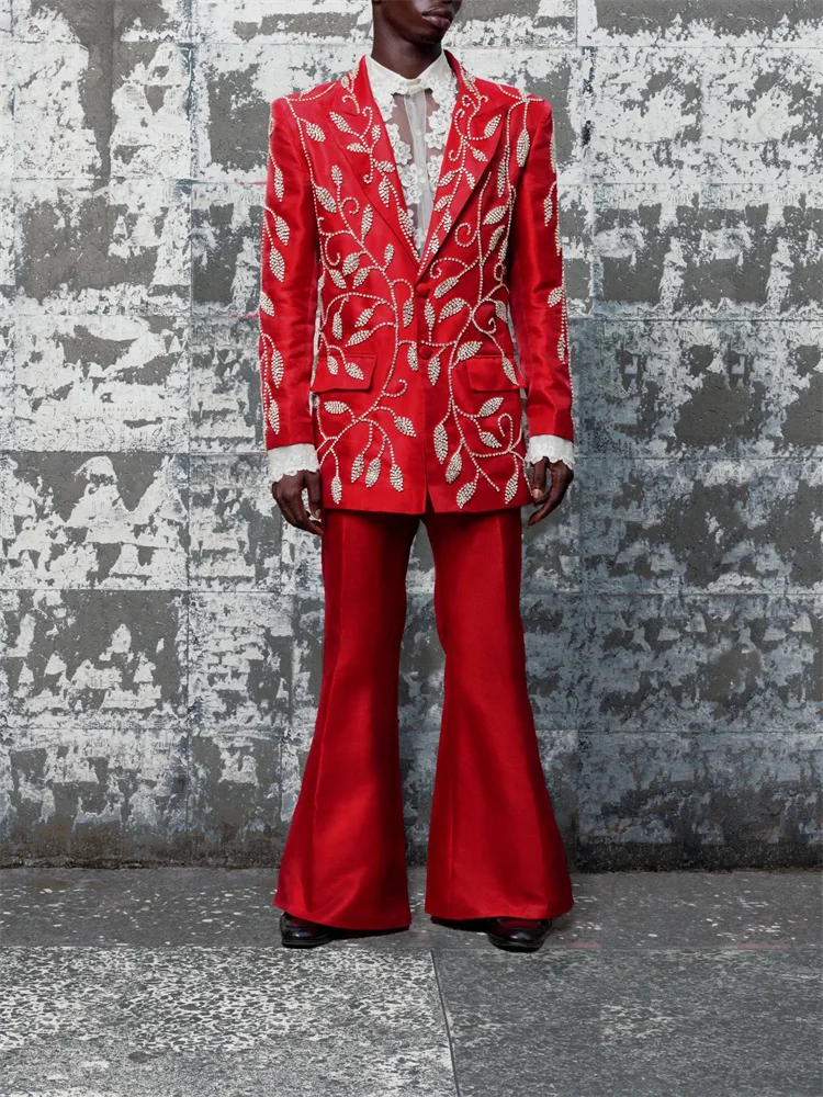 

Мужские атласные костюмы из 2 предметов: пиджак и брюки, с пуговицами, бисером и листьями, для выпускного, официальных мероприятий, свадеб, вечеринок, жениха, свидетеля, больших размеров, пошитые на заказ