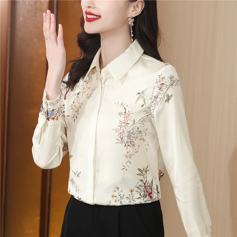 Elegant Printed Satin Shirts Women Fashion Long Sleeve Women Blouse 2024 Autumn Turn Down Collar Office Lady Casual Basic Tops