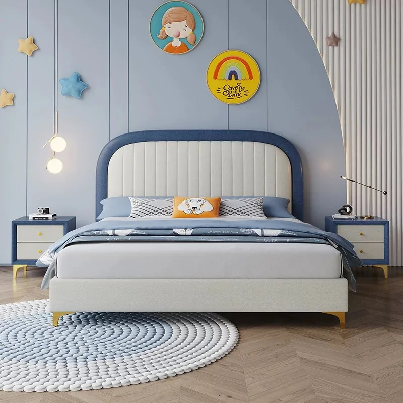 High Quality Modern Luxury Bedroom Furniture Soft Up-holstered Beds king Size Kids Double Bed Frame Girls pink Blue Boys Design
