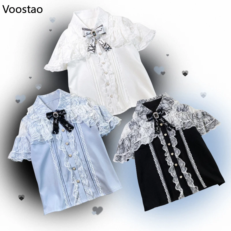 

Японская готическая рубашка в стиле Лолиты Y2k, женская винтажная блузка с бантом и кружевом с оборками, милые топы в стиле Харадзюку для девочек, Blusas Mujer