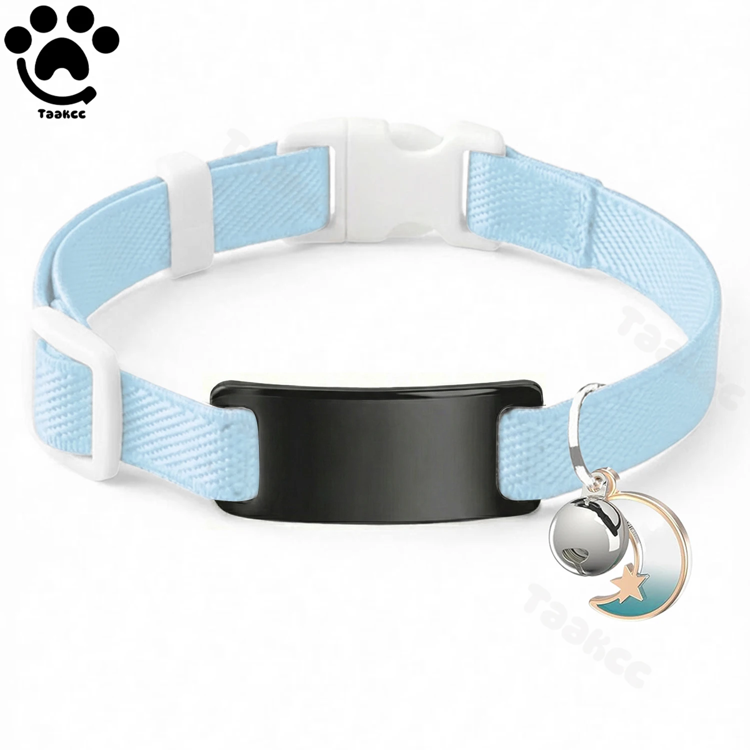 Op maat gemaakte elastische kattenhalsband met gratis gegraveerde puppy/kitten anti-verloren ID-naamplaatje, belletje & maan ornament