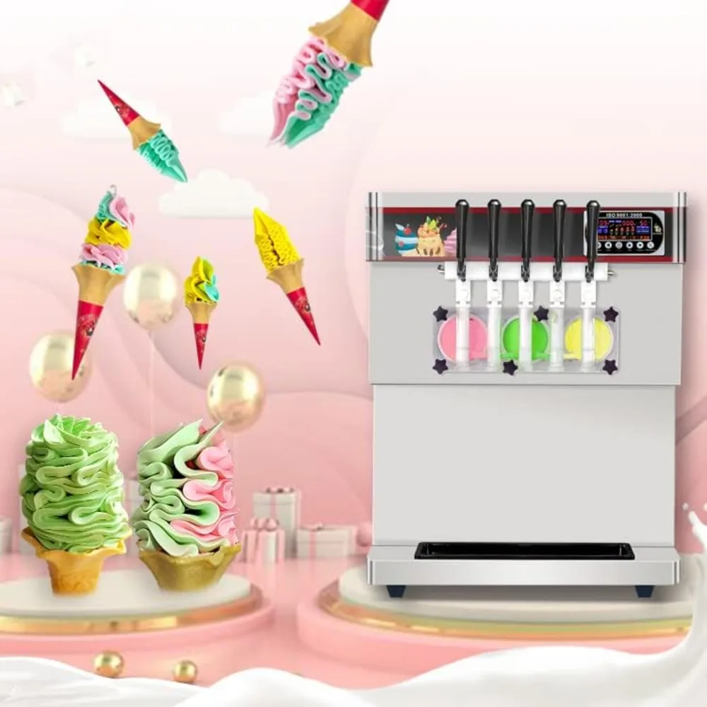 Commercial desktop soft ice cream machine,5 different discharge nozzles,upper water tank for refrigeration,transparent dispenser