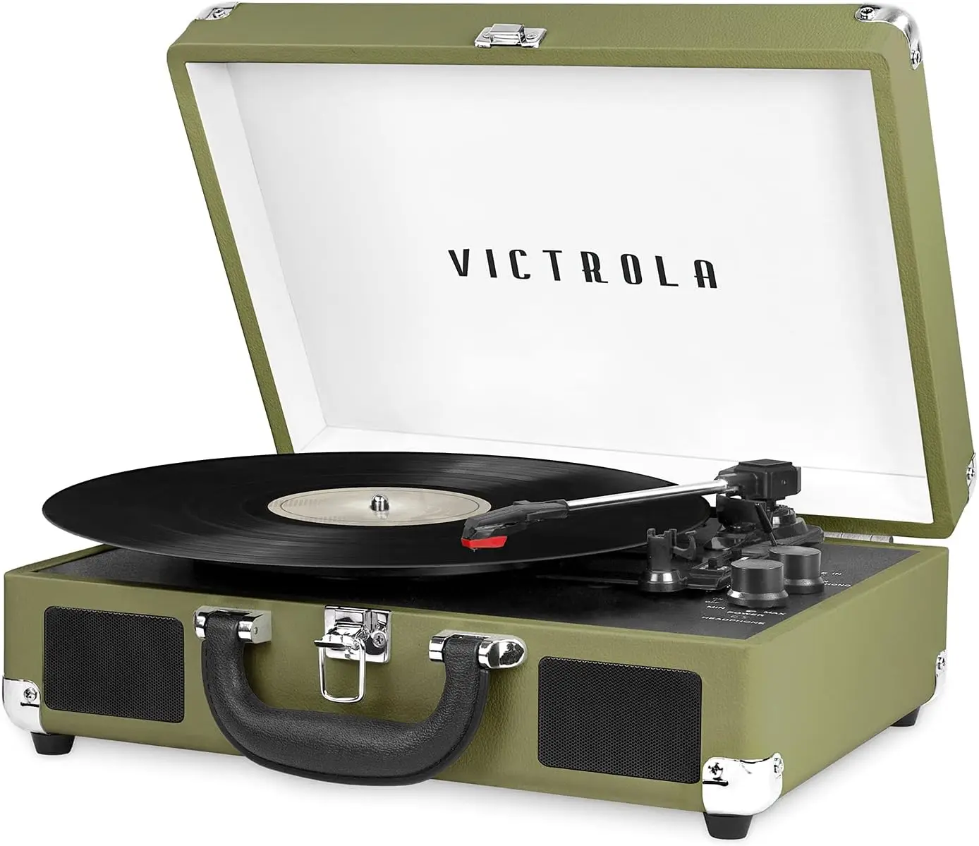 

Portable Bluetooth Suitcase Record Player with Built-in Speakers, 3-Speed Turntable, RCA and Headphone Jack in Green Olive