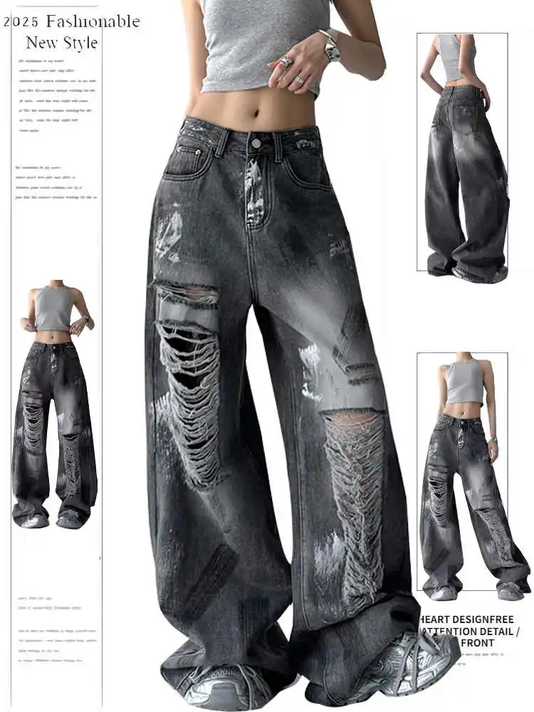 

Women's Baggy Jeans 2000s Y2k Japanese Streetwear Grunge Goblin Core Hole Ripped Denim Pants High Street American Retro Wide Fit