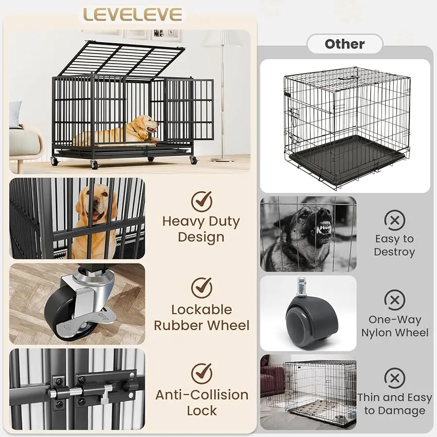 

LE ELE E 48 Inch Hea y Duty Indestructible Dog Crates for Large Dogs，Escape Proof Dog Cage Large Dogs with Lockable Wheels，Dog K