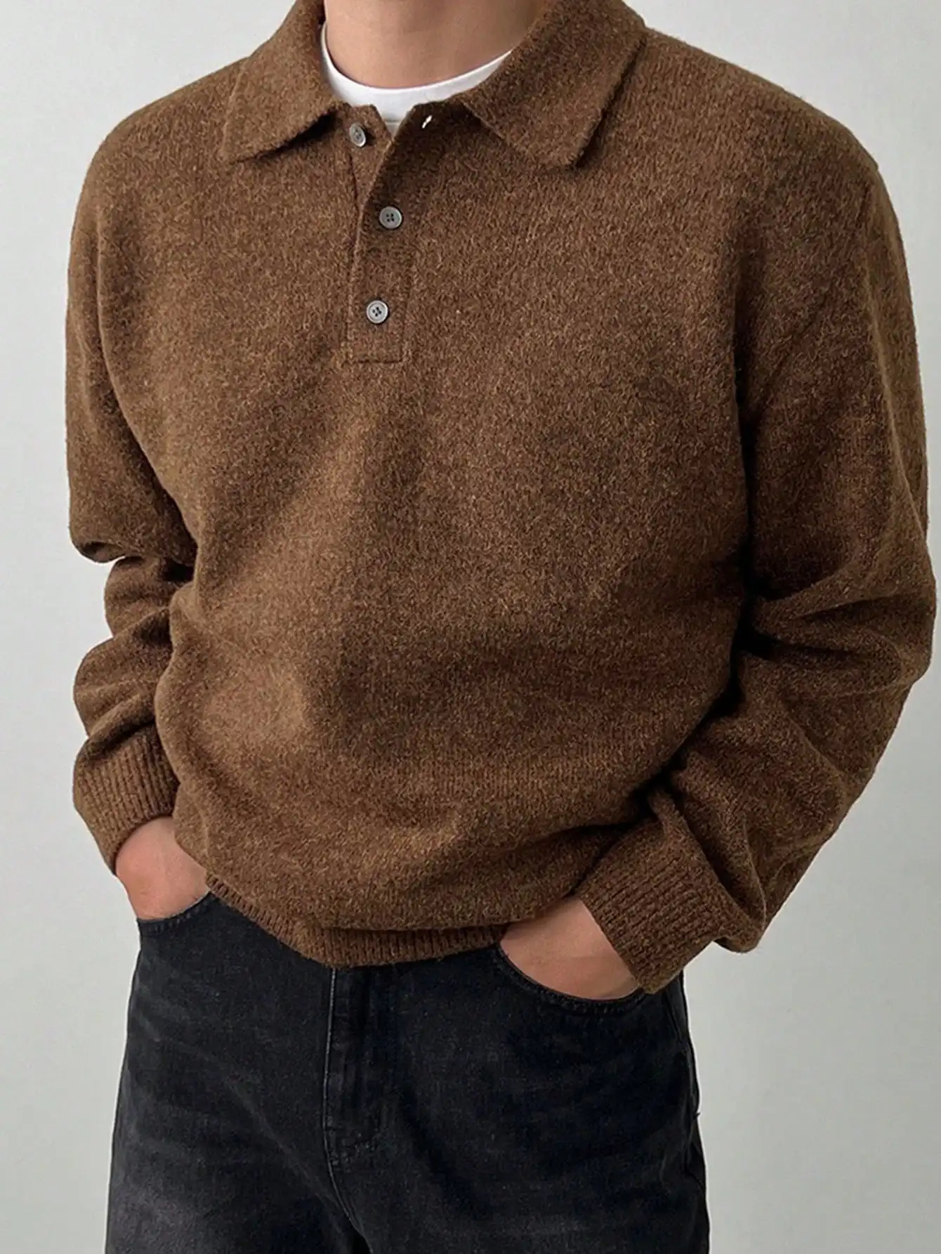 Men's Brown Knit Polo Sweater, Loose Fit Casual Pullover for Autumn