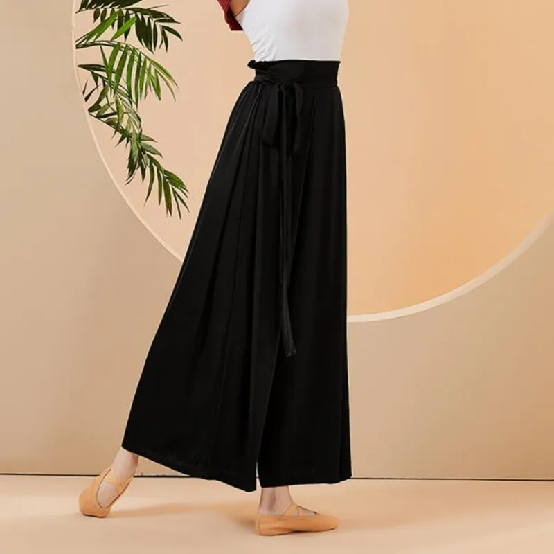 Chinese Skirt Pant Practice Dancing Clothes for Women Chiffon Wide Leg Culotte Flowy Belt Modern Folk National Dancer Costume