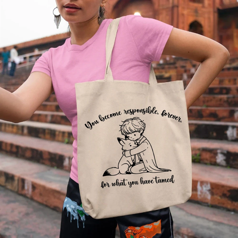 Bolsas reutilizáveis de grande capacidade para mulheres, sacola de lona, sacola de mercearia, desenhos estampados do Pequeno Príncipe e Fox, práticos, adoráveis