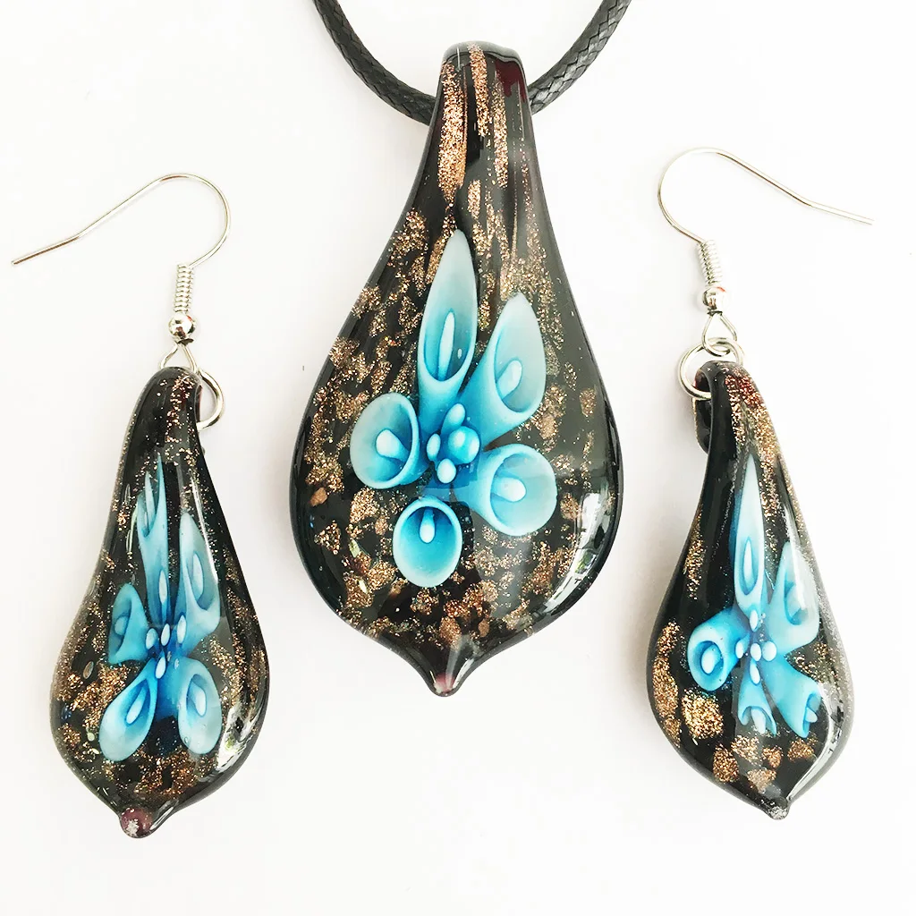 1 Set Wholesale Handmade Muran Glass Mix Colors Flower Drop Lampwork Pendant Necklace Earring Blue Yellow Pink Jewelry
