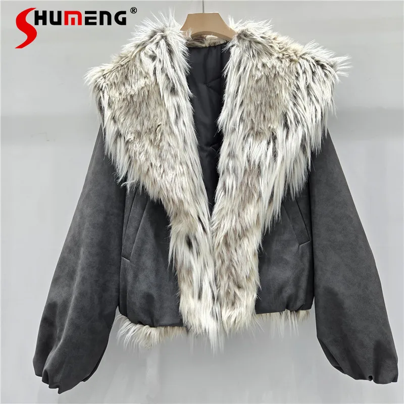 نساء 2025 شتاء موضة جديدة النمط الأمريكي مثير فتاة جاكيتات ليوبارد طباعة كبيرة فو الفراء طوق مبطن العصرية معاطف السترة