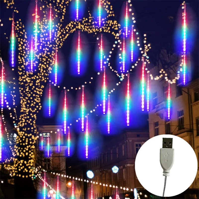 8 أنابيب USB النيزك دش سلسلة أضواء مصابيح عطلات حديقة الشارع قطرة المطر أضواء الزفاف الديكور أضواء عيد الميلاد في الهواء الطلق