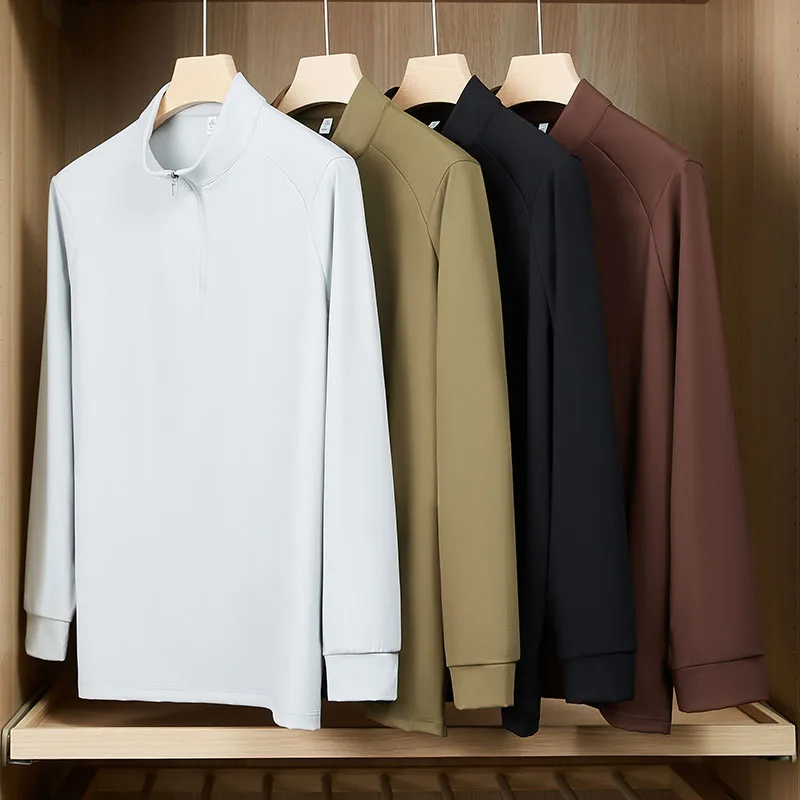 7A Antibacterial + Far-Infrared Function】New Autumn Style Half-Zip Stand-Up Collar Men's Solid Color Versatile Long-Sleeve T-Shirt