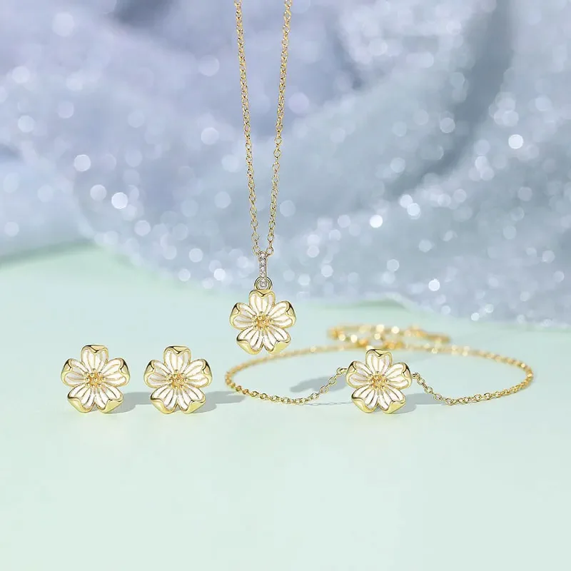 Trustdavis Real 925 Silver Daisy Flower Necklaces Bracelet Stud Earring for Women Daily Wear Jewelry Gift LB090