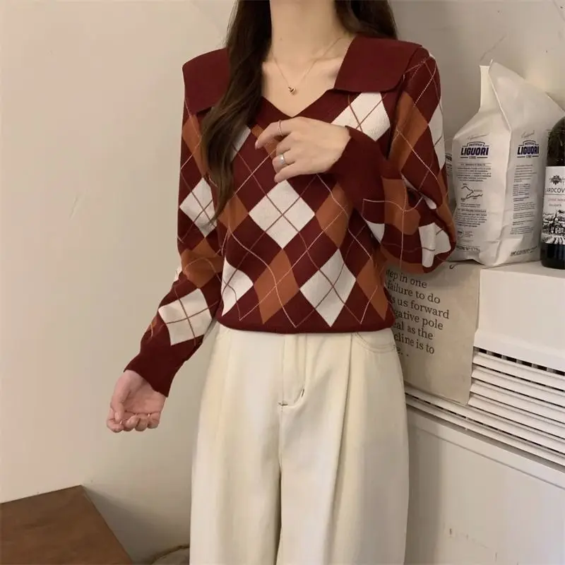 Women's Clothing Fashion Temperament 2023 Autumn and Winter New Commuter Versatile V-neck Long Sleeve Oversize Plaid Pullover