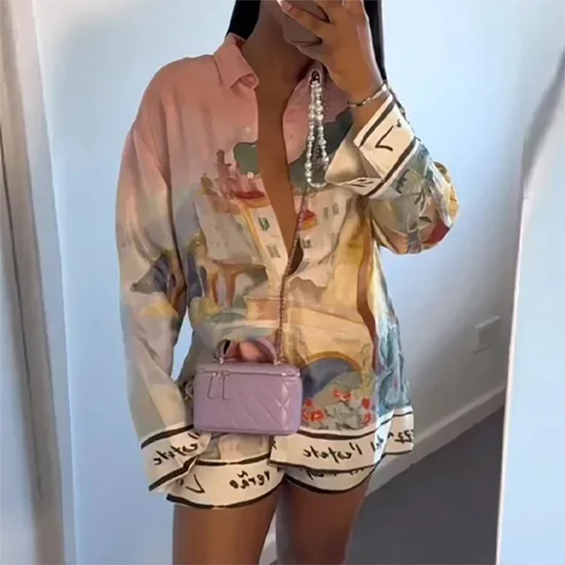 

Casual Long Sleeve Lapel Women's Shirts & Shorts Sets 2025 Pocket Shorts Sets Spring Summer New Pattern Printed Vintage Outfits