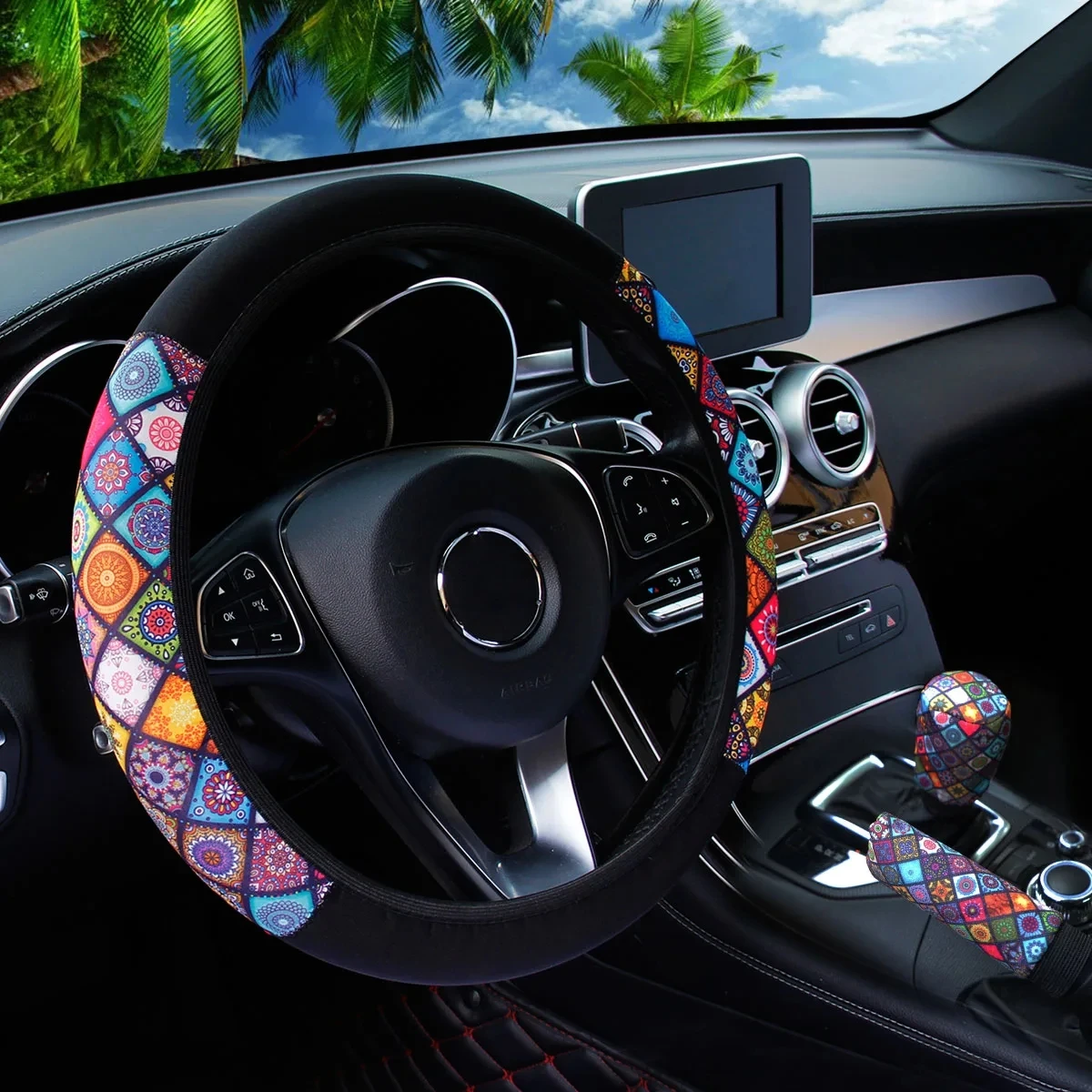 3 Pieces of Fabric Checker Flower Spider Web Car without Inner Ring Steering Wheel Cover Handbrake Cover Handle Cover