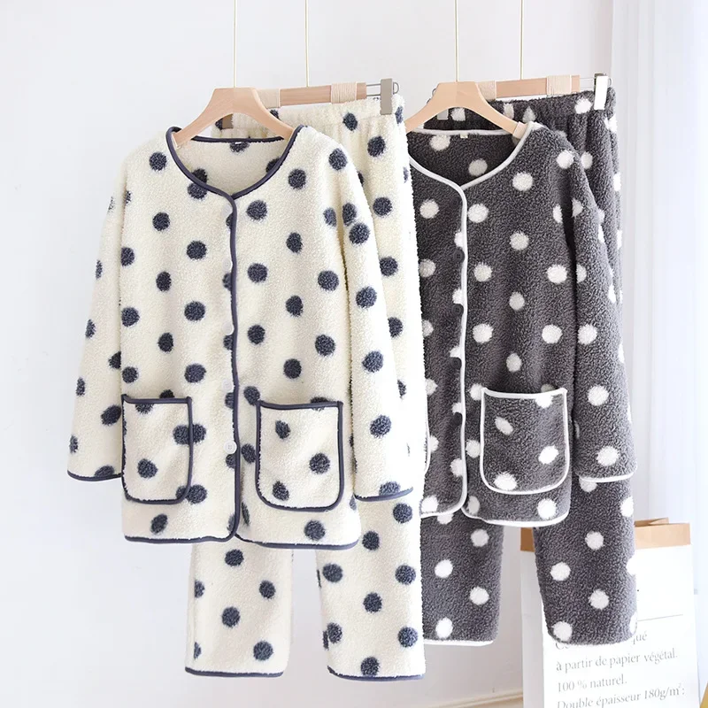 New autumn and winter wave dot ladies flannel pajamas long-sleeved trousers two-piece thick round neck cardigan home service set