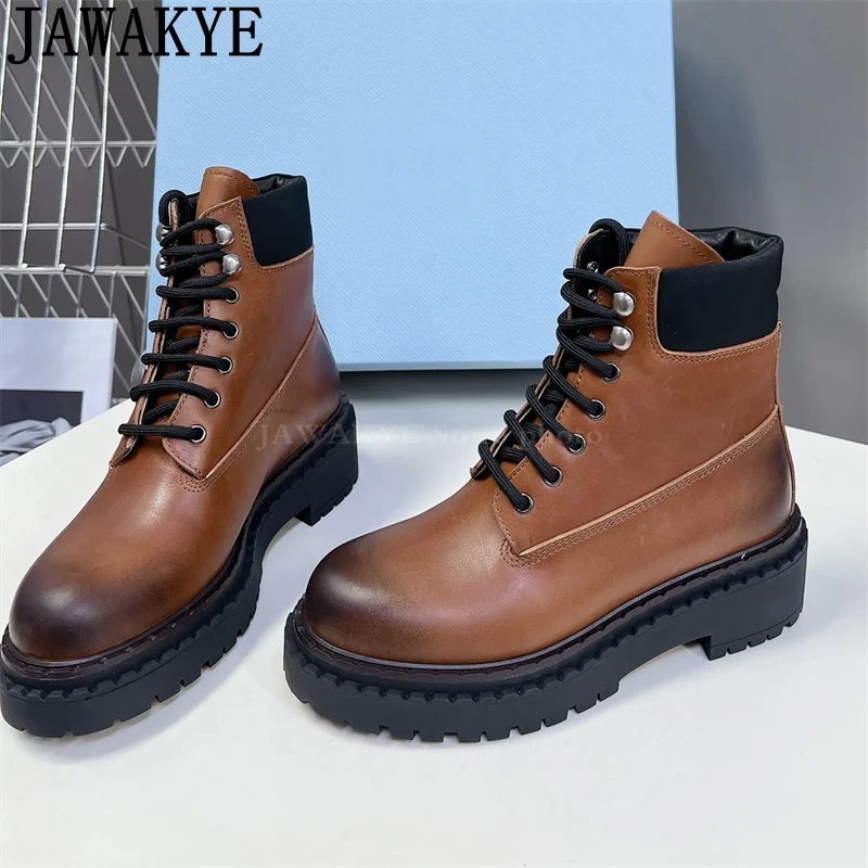 Fashionable Thick Sole Old Casual Motorcycle Boots Woman Round Toe Lace-Up Ankle Boots Genuine Leather Famous Punk Boots Women