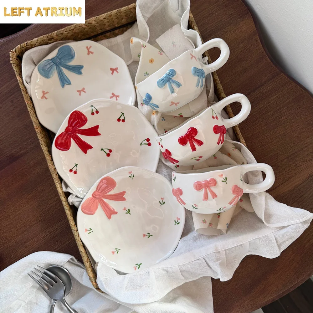 

Ins Style Ceramic Cup and Saucer Set Hand-Pinched Embossed Bowknot Cherry Coffee Mug Afternoon Tea Dessert Dish Home Drinkware