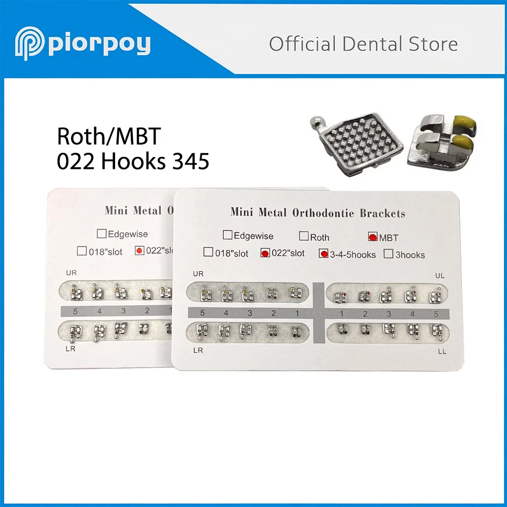 PIORPOY Paquete de 20 brackets de ortodoncia dentales, brackets metálicos para dientes, mini brackets metálicos estándar Roth MBT, ranura 0.022, ganchos 345 ﻿