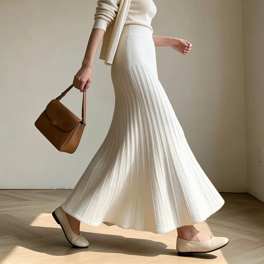 Women Ribbed Knit Pleated Midi Skirt Elastic High Waist A Line Flowy Long Skirt Korean Solid Color Casual Winter Knit Skirts