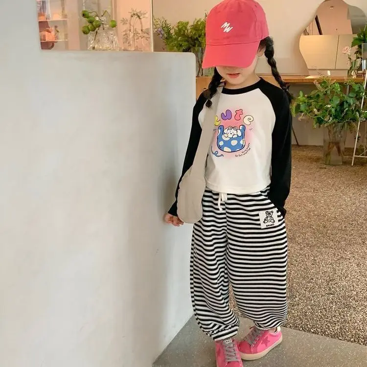 

Children Girls Tee Autumn Outfits Cartoon Animal Contrast Undershirt Suits Loose Drawstring Striped Jogger Pant 2PCS Clothes Set