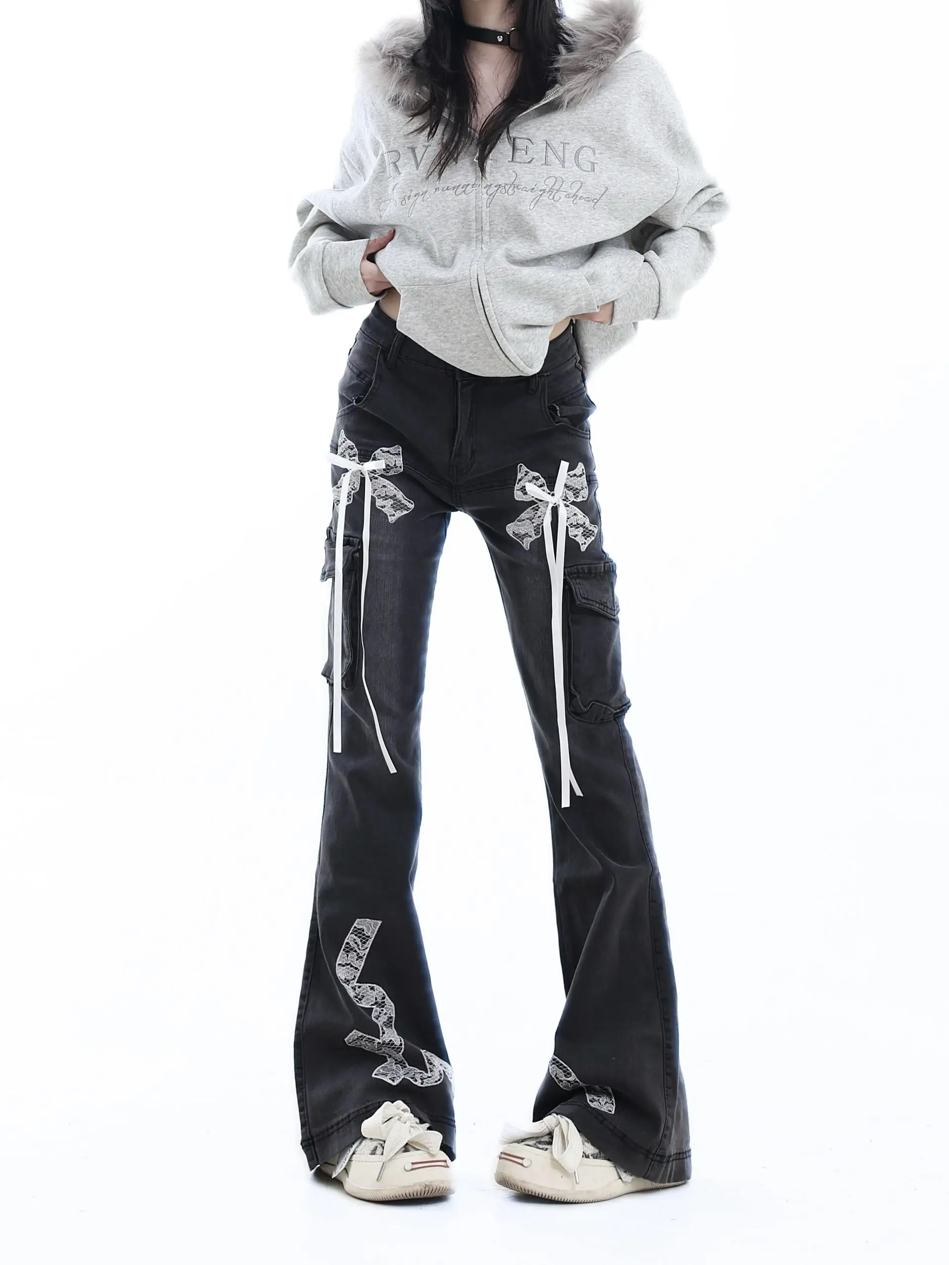 

Джинсовые джинсы-клеш с высокой талией, женские джинсы с кружевным узлом и пышной посадкой, американские брюки в стиле ретро, осенняя коллекция