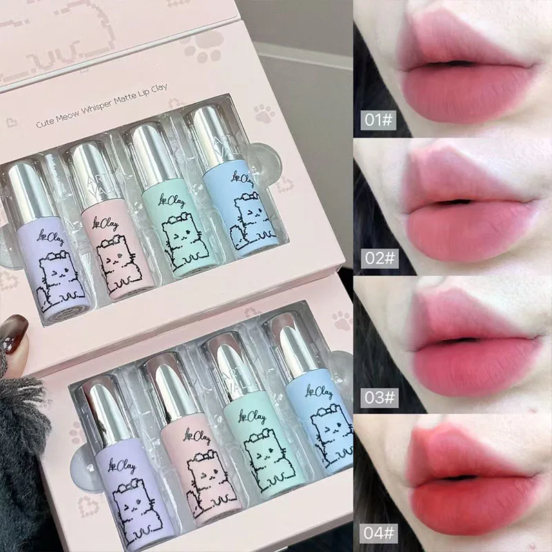 4 قطعة مجموعة طين الشفاه Kawaii القط المخملية أحمر الشفاه عارية ماتي الملمس حريري سهل التلوين طويلة الأمد الشفاه الصقيل ماكياج هدايا مثالية