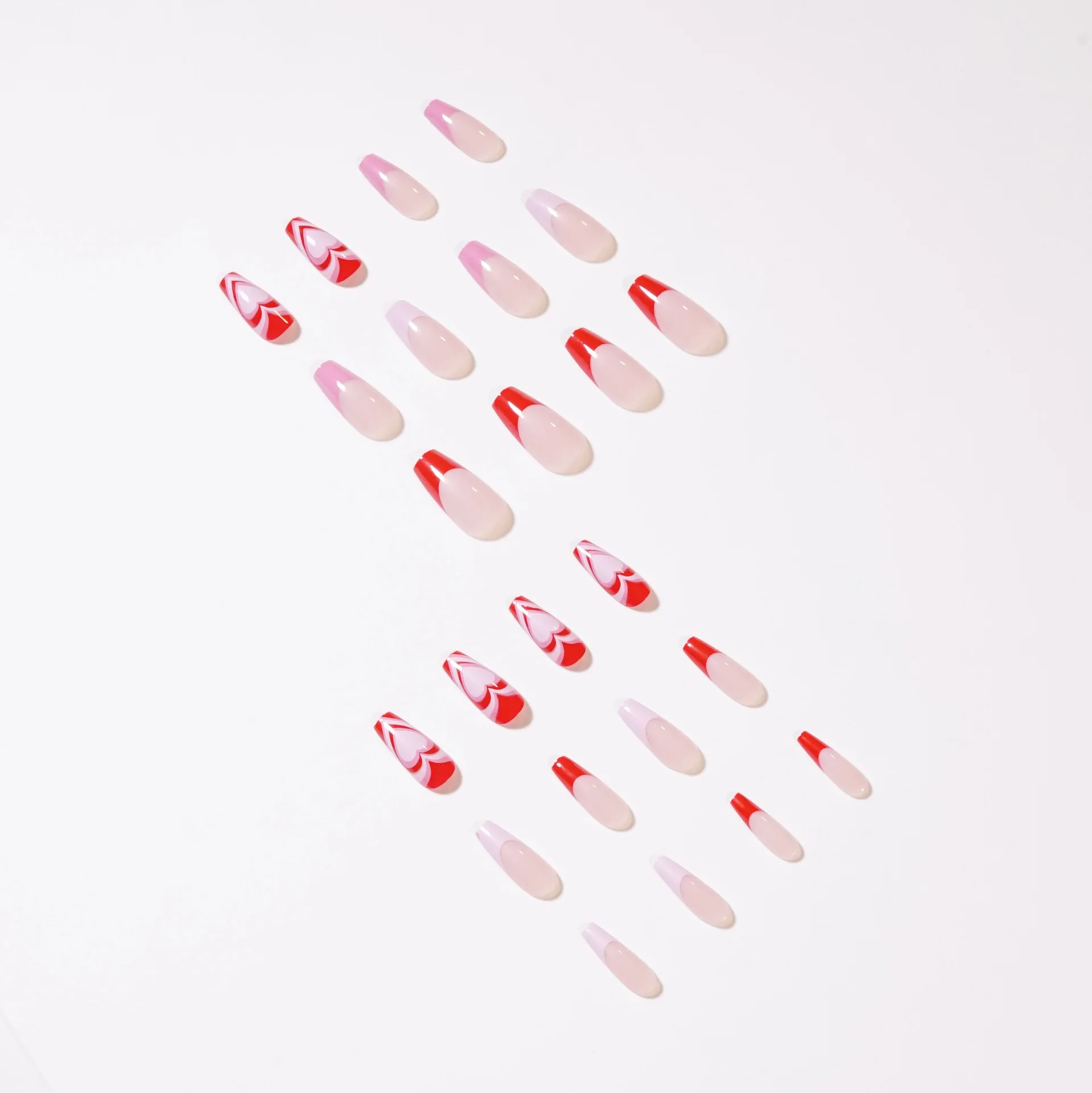 .Miemie Design 24-Piece Long Coffin ABS Reusable Ins Artificial Nails Red Heart-Shaped  Pattern False Nails Fingers