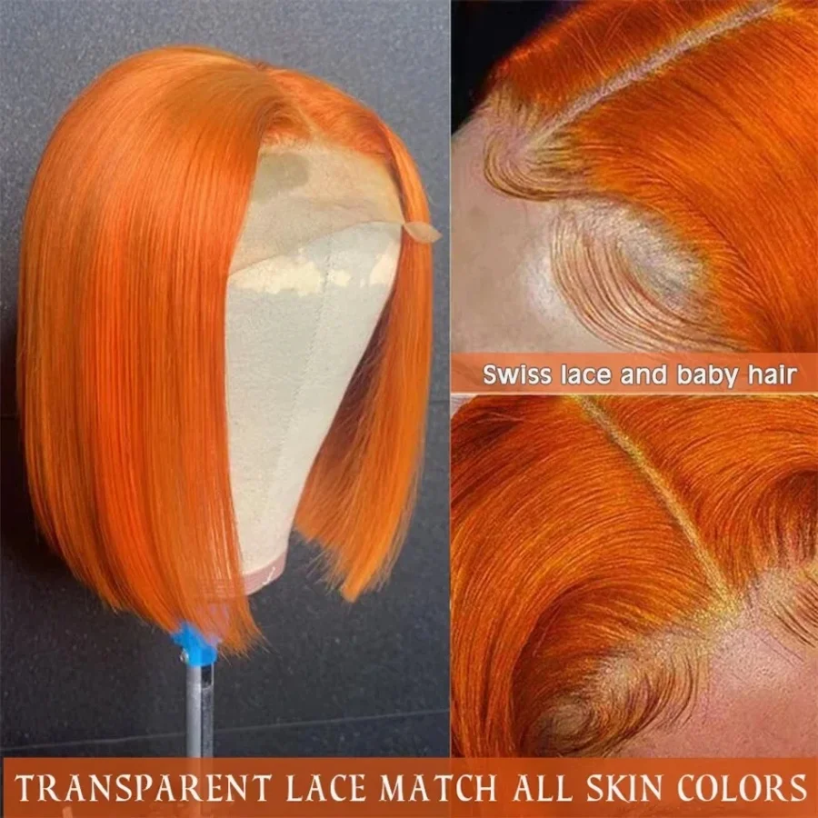 Pelucas frontales del cordón transparente del cabello humano 13X4 de la peluca recta corta de Bob del naranja jengibre 200% # 350 de colores prearrancados con pelo de bebé